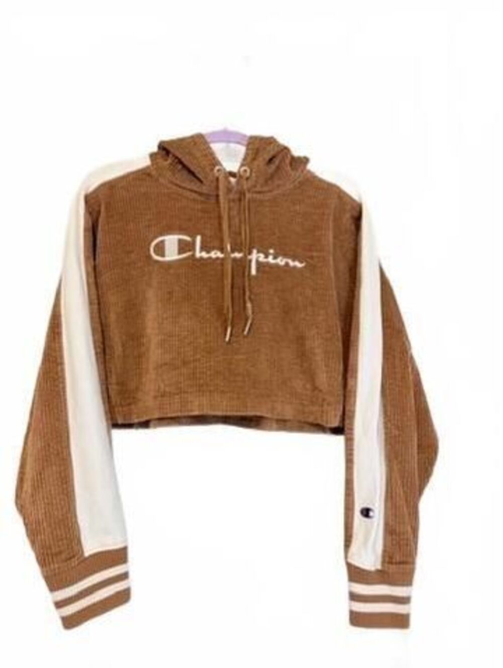 Champion Women's Small Brown Corduroy Cropped Hoodie with White Stripe Sleeves